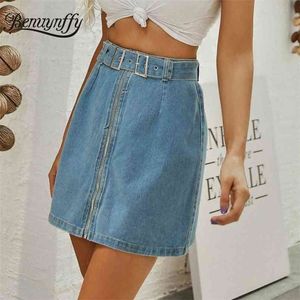 Damen Vintage Jeansrock mit hoher Taille, modischer Street-Style, Reißverschluss, Minirock, Damen, A-Linie, Jeans mit Gürtel 210510