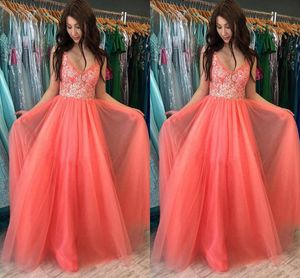 2021 Coral Prom Dresses Spaghetti Straps En linje spets tyllgolv längd Anpassad Evening Gown Formal OCN Wear Vestidos 403 403