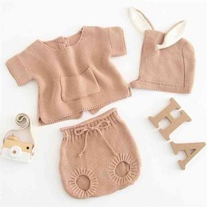 Infant Baby Boys Girls Knit Long Sleeve Tiny Pocket Pure Color Top + Shorts Pants Clothing Sets Kids Boy Girl Suit Clothes 210521