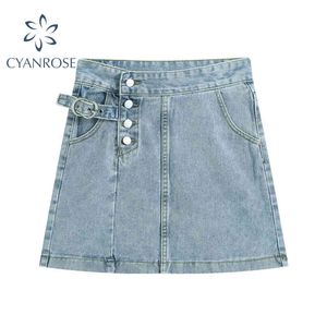 A-Line Mini Denim Skirts High Waist Buttons Vintage Y2K Sexy Women's Jeans Crop Wrap Skirts Party Clubwear Elegant Blue Buttoms 210417
