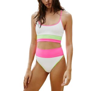 Women's Swimwear Women Swim Wear Solid Color Stitching Bikini Suits Sexy Backless Suspender Top And Tight High Waist Trunks Split Swimsuit