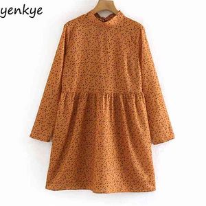 Kobiety Vintage Drukuj Dress Back Lace Up High Neck Z Długim Rękawem A-Line Casual Luźna Jesień Mini Vestidos XNWM9135 210514