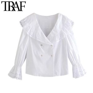 Moda de mulheres com bordados guarnições brancas blusas vintage v neck manga comprida camisas femininas blusas chique tops 210507