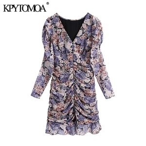 Women Chic Fashion Floral Print Ruffled Pleated Mini Dress Vintage Long Sleeve With Lining Female Dresses Vestidos 210416