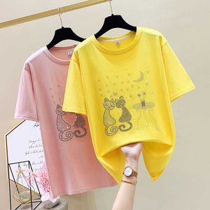 Mulher de Verão de Harajuku t - shirts Casual camiseta Camiseta das mulheres Tshirt Plus tamanho das mulheres superiores Diamante de manga curta Camiseta Femme L-4XL 210604