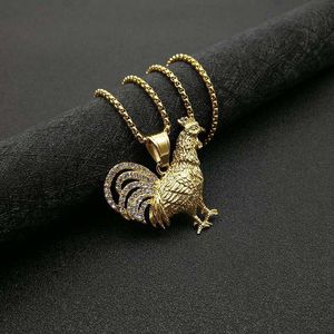 Goldhuhnanhänger großhandel-Anhänger Halsketten HIPHOP Schmuck Edelstahl Gold Farbe Überzogene Rhinestone Hühnertier Tierkreis Halskette für Mann