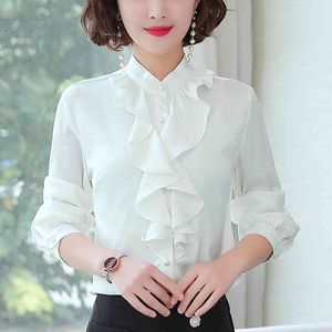 Women White Silver Tops Blouses Long Sleeve Womens Work Ruffle Shirts Stand Collar Slim Waist Office Ladies Camisa 2032A 210420