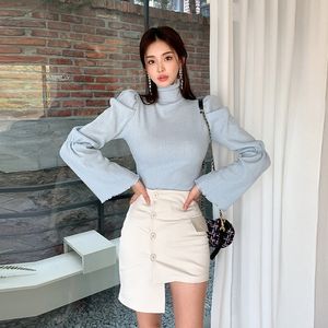 Women's Spring Turtleneck Two Pieces Suits knitting Flare sleeve Shirt Crop Top + Irregular Single Breasted White Skirt Work Set 210514