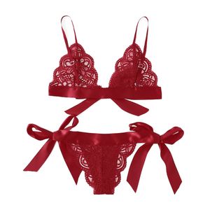 Red Lingerie Sexy Set Lace Bow Mulheres Sleepwear V Neck Transparente Sutiã Set Sem Mangas Intimates Lace Bralette e Calcinha Set