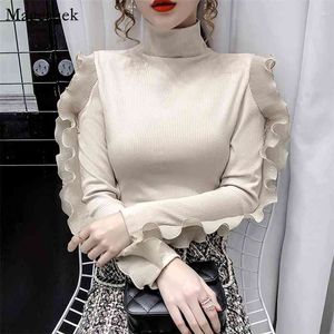 Camicetta bianca lavorata a maglia in cotone Donna Primavera Autunno Manica lunga Top e bluse Dolcevita con volant Vintage Femme 12063 210512