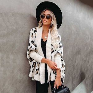 Fitshinling Fuzzy Leopard Long Cardigan Female Bohemian Slim Batwing Sleeve Overized Sweaters Cardiagns For Women Winter Coat 211103