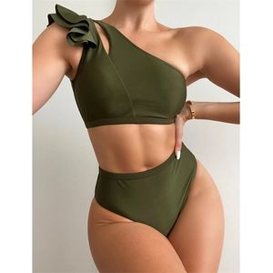 Yüksek Bel Kadınlar Mayo Bikini Set Katı Yeşil Mayo Mayo Plaj Bir Omuz Yüzme Suit Brezilyalı Biquini 210604