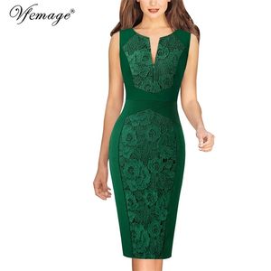 Vfemage Damen-Front-Reißverschluss, floral gestreift, Herbst-Winter, schmal, zum Arbeiten, Business, Büro, Party, Etuikleid, figurbetontes Bleistiftkleid 671 210409