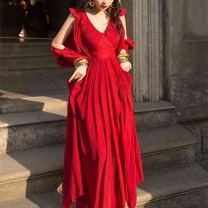 Yosimi Spring Maxi Bomull och linne Vintage Long Women Dress Evening Party Night Red V-Neck Lantern Sleeve Vestidos 210604