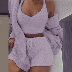 3-teilige Sets Damen Outfits Sweatsuits für Frauen Coral Fleece Teddy Anzug Fleece Pyjamas Mode lässig dreiteiliger Anzug weiblich X0428