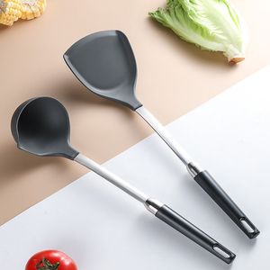 Silicone Cooking Utensils Turners Spatula Soup Spoon Stainless Steel Handle Heat-Resistant Pan Turner Shovel Scoop Kitchen Tools