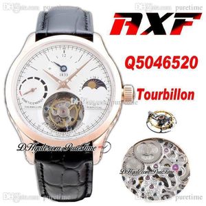 AXF Q5046520 Механическая рука обмотка Tourbillon GMT Мужские часы Мастер 18к розовый золотой белый циферблат луна фазовый заповедник черный кожаный супер издание PureTime C3