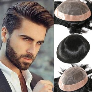 Real Human Hair Men's Unit Breathable Lace Fine Mono Hairpieces Super Durable Poly Coating Replacement System Black Toupee