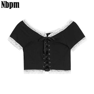 Kvinnor Kortärmad T-shirts Lace-up Patchwork Trendy Sweet Lovely Crop Top Sexiga Kvinnor Fritid Chic Teens Grundläggande Kläder Sommar 210529