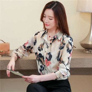 Coreano Moda Silk Womens Tops e Blusas Escritório Lady Rose Pattern Mulheres Camisas Plus Size XXXL Blusas Femininas Elegante 210531