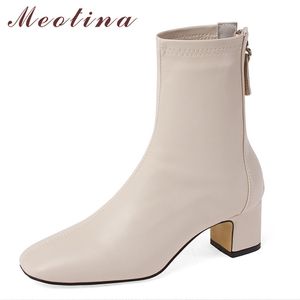 Women Ankle Boots Shoes Real Leather Mid Heel Short Square Toe Thick Heels Zip Lady Autumn Winter Beige 40 210517