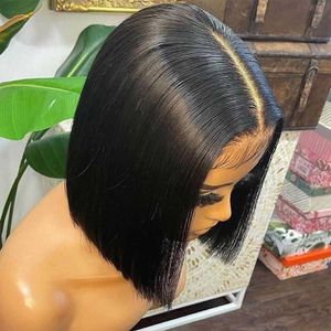 Preplucked for Women High Temperature Resistant Daily Wear 180%Densit Jet Black Short Bob Straight Wig Glueless Lace Front