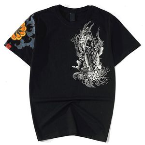 メンズTシャツ中国風ヘビー産業刺繍鯉龍プリントラウンドネックコットンTシャツ大型青少年半袖男性