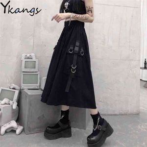 Estate Nero Cargo Gonne Ragazze catena gotica Anello laterale Tasca Gonna longuette Donna Coreano Hip Hop Streetwear Harajuku Lungo Saia 210421