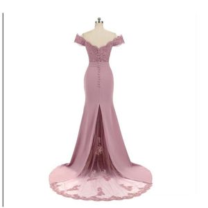 Dusty Rose Pink Brautjungfernkleider Meerjungfrau Blumenspitze Applikation Perlen V-Ausschnitt Hochzeitsgast Abendkleider Schulterfrei Trauzeugin von Hon208f