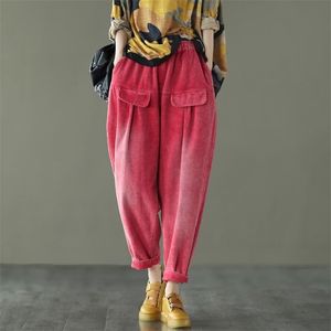Frühling Herbst Kunst Stil Frauen Elastische Taille Lose Baumwolle Cord Hosen Alle-matched Casual Vintage Harem V213 210512