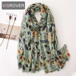 Visrover 2021 Mode Vår sommarblomma Utskrift Viskos Scarf Frarkel Mode Wraps Sjalar Sommarstrand Hijab Wholesales Q0828