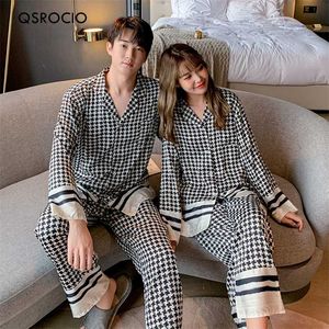 QSROCIO Silk Like Houndstooth Women's Pajamas Set Fashion Style Female Couple Sleepwear Home Clothes for Men Nightwear Pyjama 211112