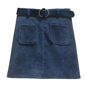 Svartblå Casual Solid A-Line Sash Pocket Corduroy Mini Short Empire Kjol Höst Vinter S0114 210514