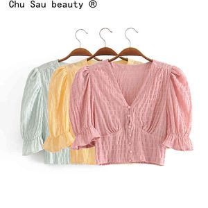 Chu Sau Beauty Fashion Casual Chic 3 Färger Beskära Toppar Sommar V-Neck Elastisk Bust Half Sleeve Ladies Short Blouses 210508