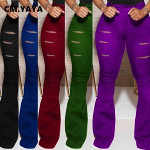 CM.YAYA Plus Size Hole Pants Women Full Length Skinny Elastic Waist Solid Flare Pant Spring Autumn High Fashion Lady Trousers 211124
