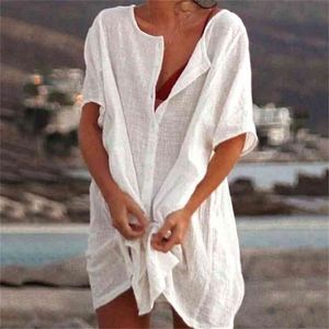 Damska bluzka plażowa Lato Przycisk Swimsuit Koszulki Kremowe Kremowe Bikini Cover Up Tops Blusas Mujer de Moda 210401