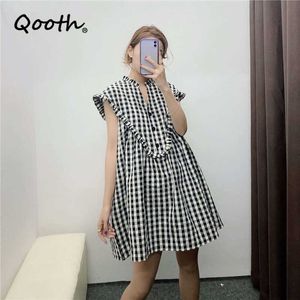 Qooth Retro Plaid V-Neck Ruffled Rękaw Swetover Dres's Lato Styl Loose Causal Short QT704 210609