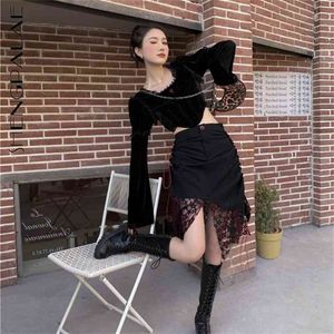 불규칙한 검은 레이스 치마 여성 여름 높은 허리 Drawstring A 라인 무릎 길이 여성 조수 210427