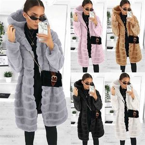 Winter Thick Warm Faux Fur Coat Women Plus Size Hooded Long Sleeve Jacket Luxury Coats bontjas 211220