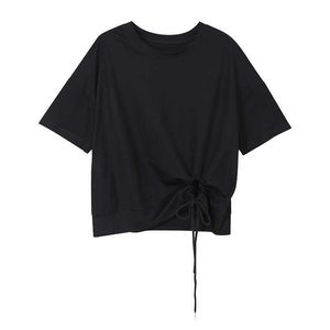 中空oネックカジュアル緩い女性ティーシャツ夏半袖女性トップス固形日本のデザインTシャツ13A297 210525