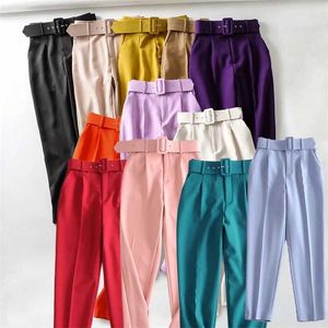 Za Womens Calças Calças Altas Cintura Casual Escritório Calças com Cinto Calças Retas Roxo Sweatpant Capris 211112