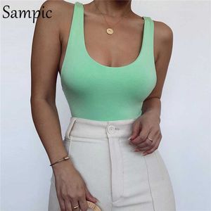 Sampik Yaz Rahat Moda Beyaz Kadınlar O Boyun Bodysuit 2020 Seksi Kulübü Kolsuz Vücut Backless Temel Bayanlar Bodysuits Y0927 Tops