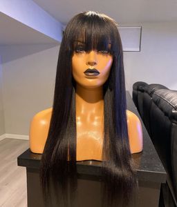 Silky Straight Wigs With Bangs 200 Density Scalp Top Full Machine Made Wig Long Straights Human Hair Remy Peruvian