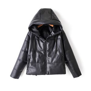PU Läder Parkas Kvinnor Mode Hooded Faux Leather Coats Ladies Eleganta Zipper Cotton Jackor 210520