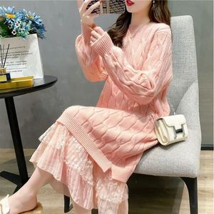 Women's Sweaters Internet Famous Lace Stitching Woolen Skirt Idle Style Loose Korean Western Cable-Knit Sweater Outdoor