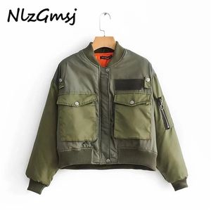 Nlzgmsj Za Women Military Green Moto Biker Bomber Pilot Jacket Cropped Top Long Sleeve Female Oversized Coat Outerwear Chaquetas 211112