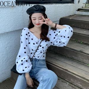 Polka Dot Puff Sleeve Blusen Frauen Frühling V-ausschnitt Sexy Kurze Blusas Koreanische Chic Vintage Shirts 15706 210415