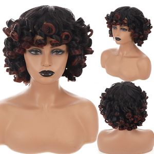 Parrucca riccia afro per capelli corti con frangia per donne nere Parrucche sintetiche Ombre Glueless Cosplay ad alta temperatura
