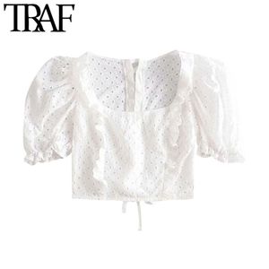 Women Fashion Cutwork Embroidery Ruffles Cropped Blouses Vintage Puff Sleeve Back Lace-up Female Shirts Chic Tops 210507