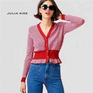 Women V-Neck Contrast Rhombus Pattern Open-Knit Jumper Button Throng Sweater Vintage Knit Cardigans 210512